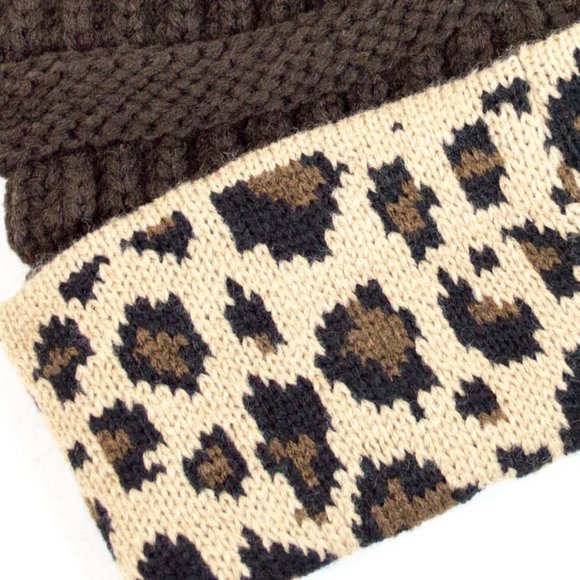 C.C® Brown & Beige Leopard-Fold Beanie - Picture 5 of 8